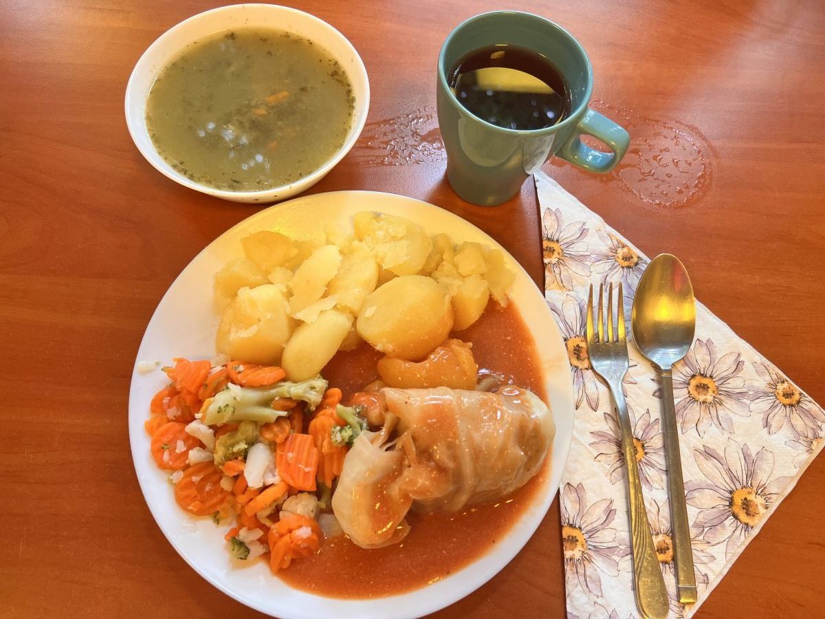 Zupa szczawiowa, gołąbki z sosem pomidorowym, ziemniaki gotowane, bukiet warzyw gotowanych, kompot