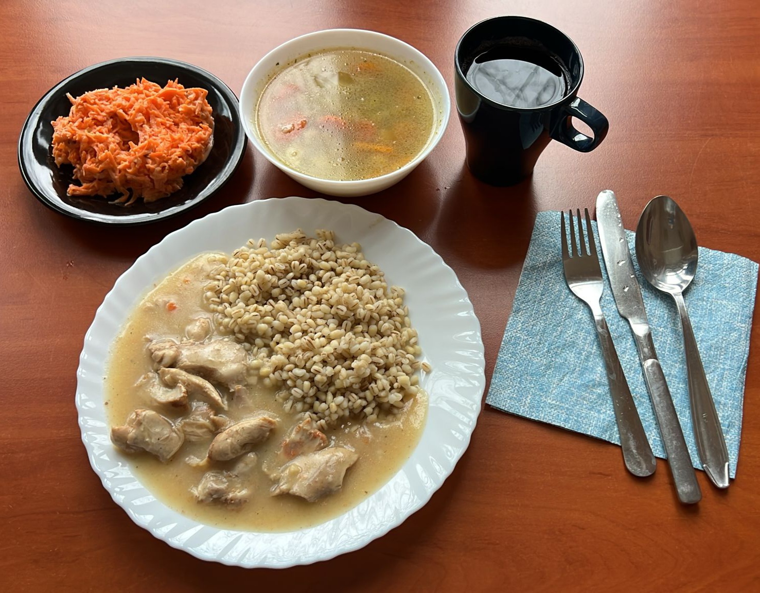 zupa jarzynowa, gulaszdrobiowy z kaszą i sur&oacute;wką, kompot