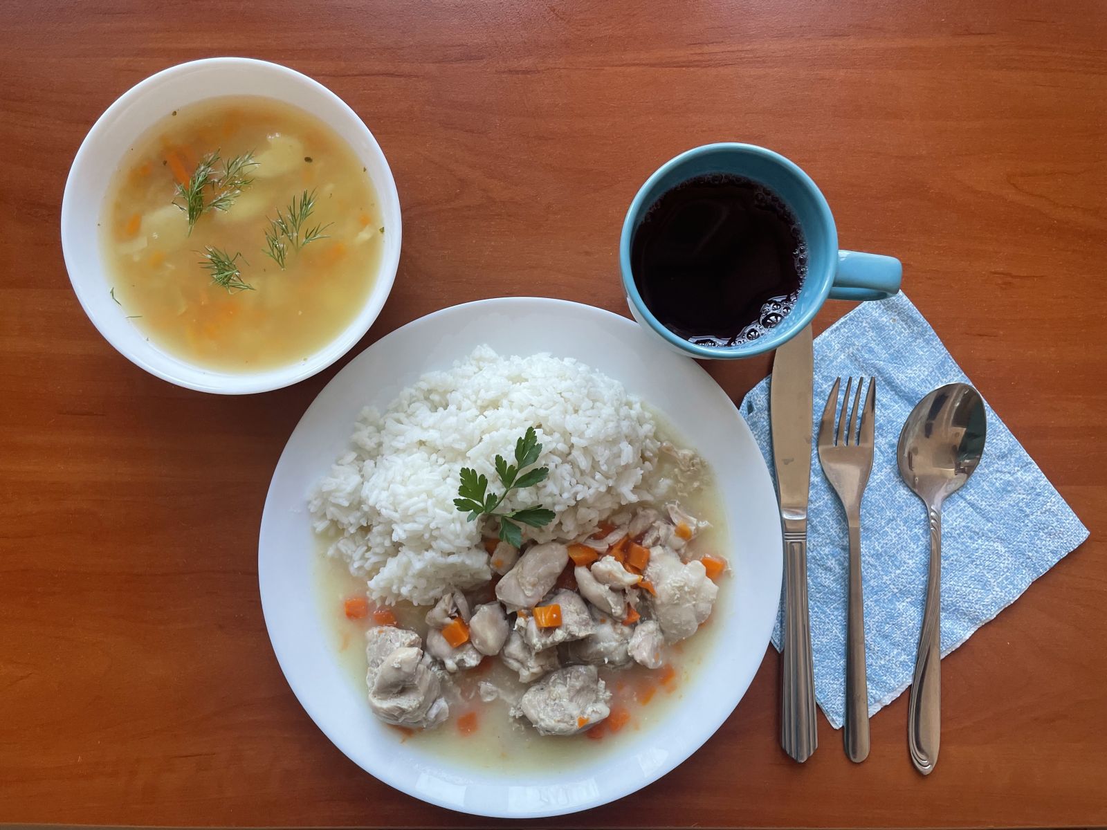 zupa ziemniaczana, ryż, kompot