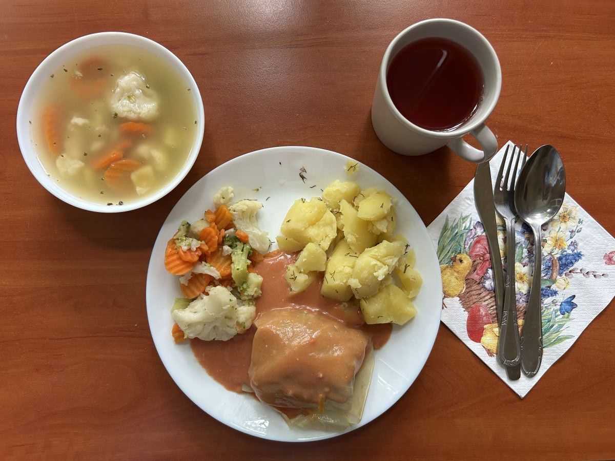 Zupa szczawiowa, gołąbki, ziemniaki gotowane, bukiet warzyw, kompot