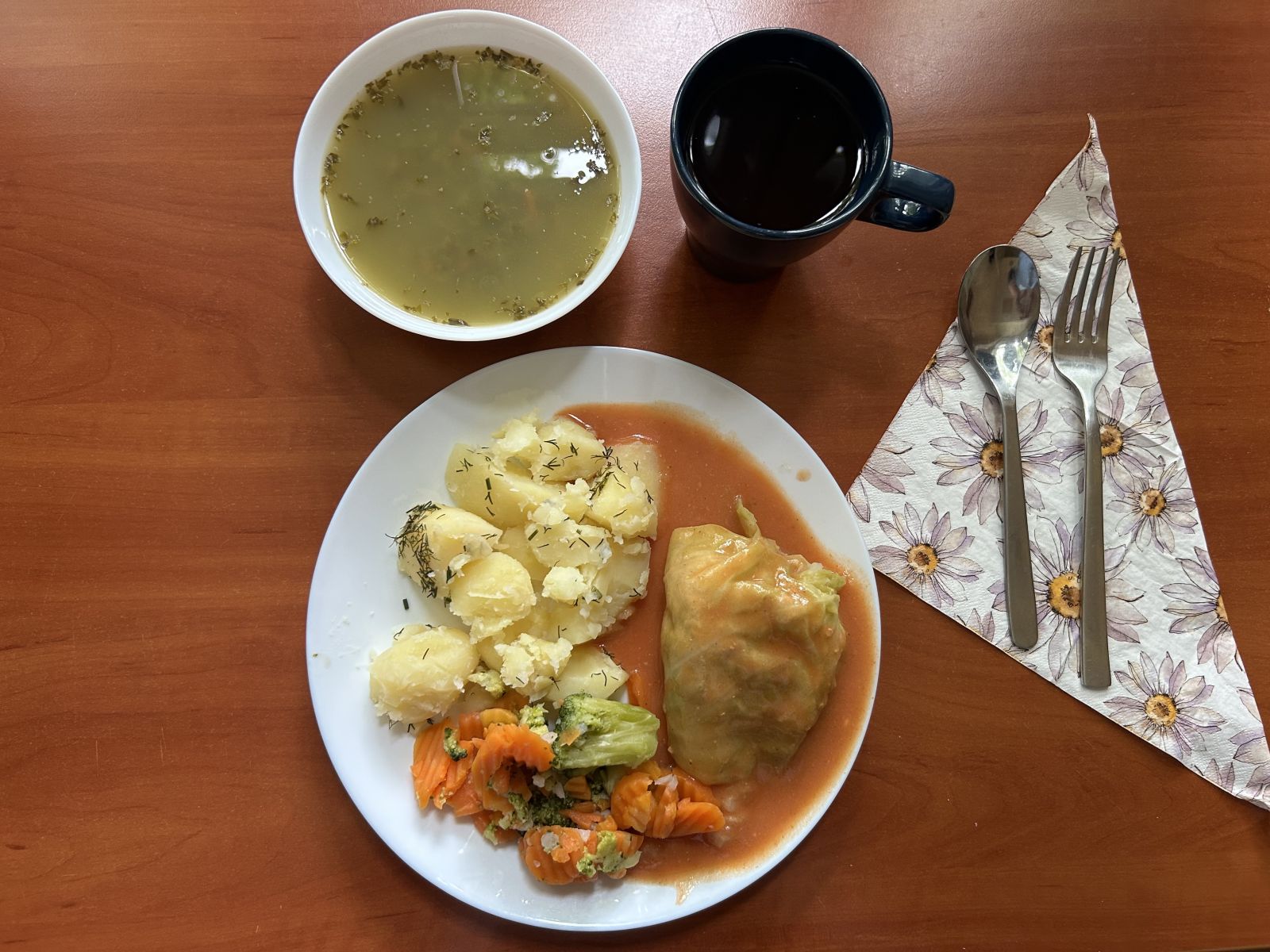 Zupa szczawiowa, gołąbki z sosem pomidorowym, ziemniaki gotowane, bukiet warzyw gotowanych, kompot